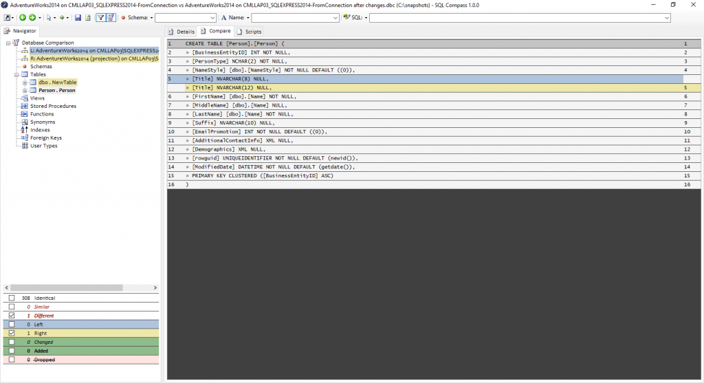 Comparison and Projection: You can also click on the Compare tab to get a better idea of how the SQL definition has changed
